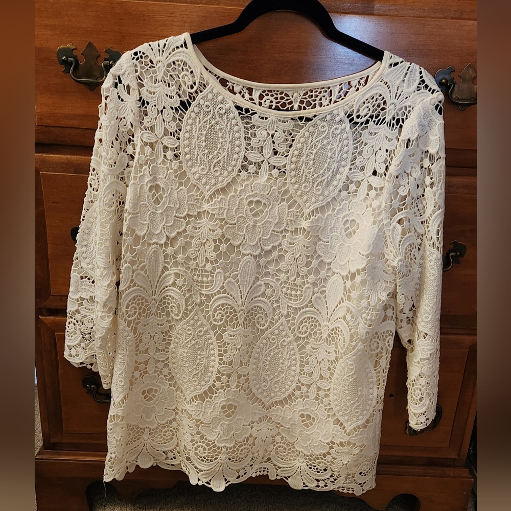 J. JILL COTTON LACE Cream Embellished Top with 3/4 Sleeves Size M